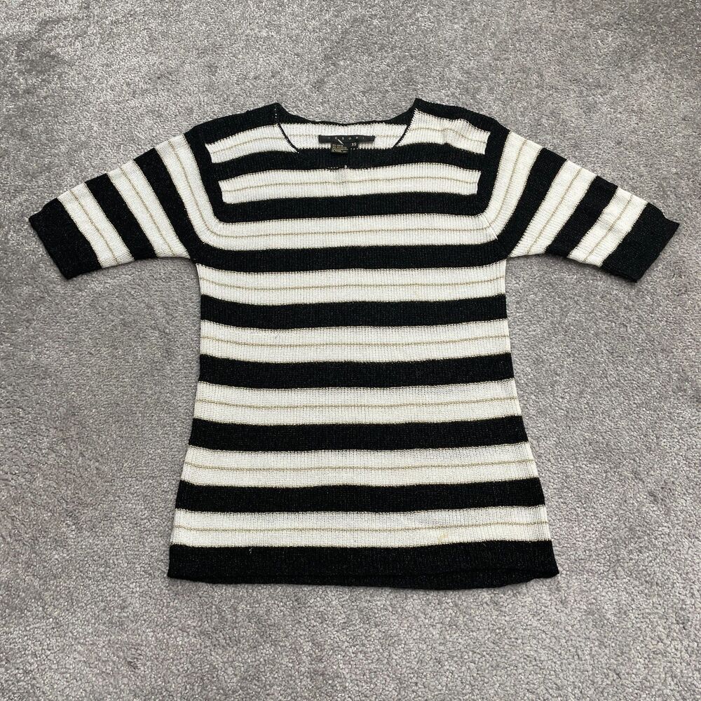 Tesori Shiny Half Sleeve Sweater Womens XS Black White Gold Striped Crew Neck